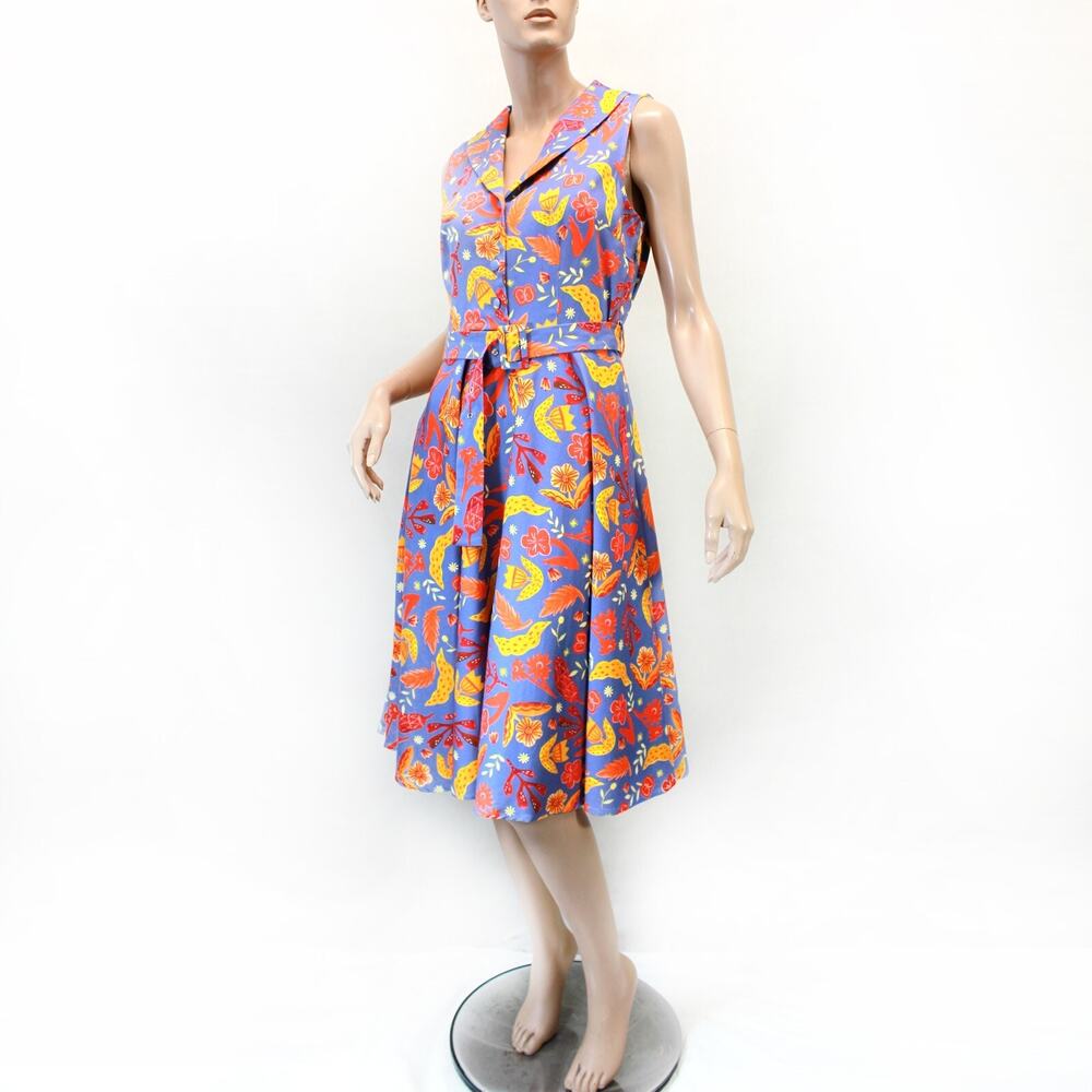 Miss Lulo Vintage 50's Belted Cotton Floral Lapel Collar Midi Dress Large